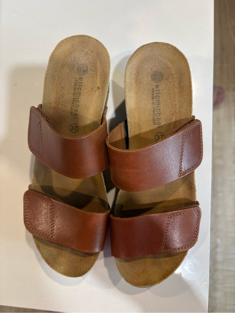 Eric Michael Tan Leather Double-Strap Slide Sandals for Women